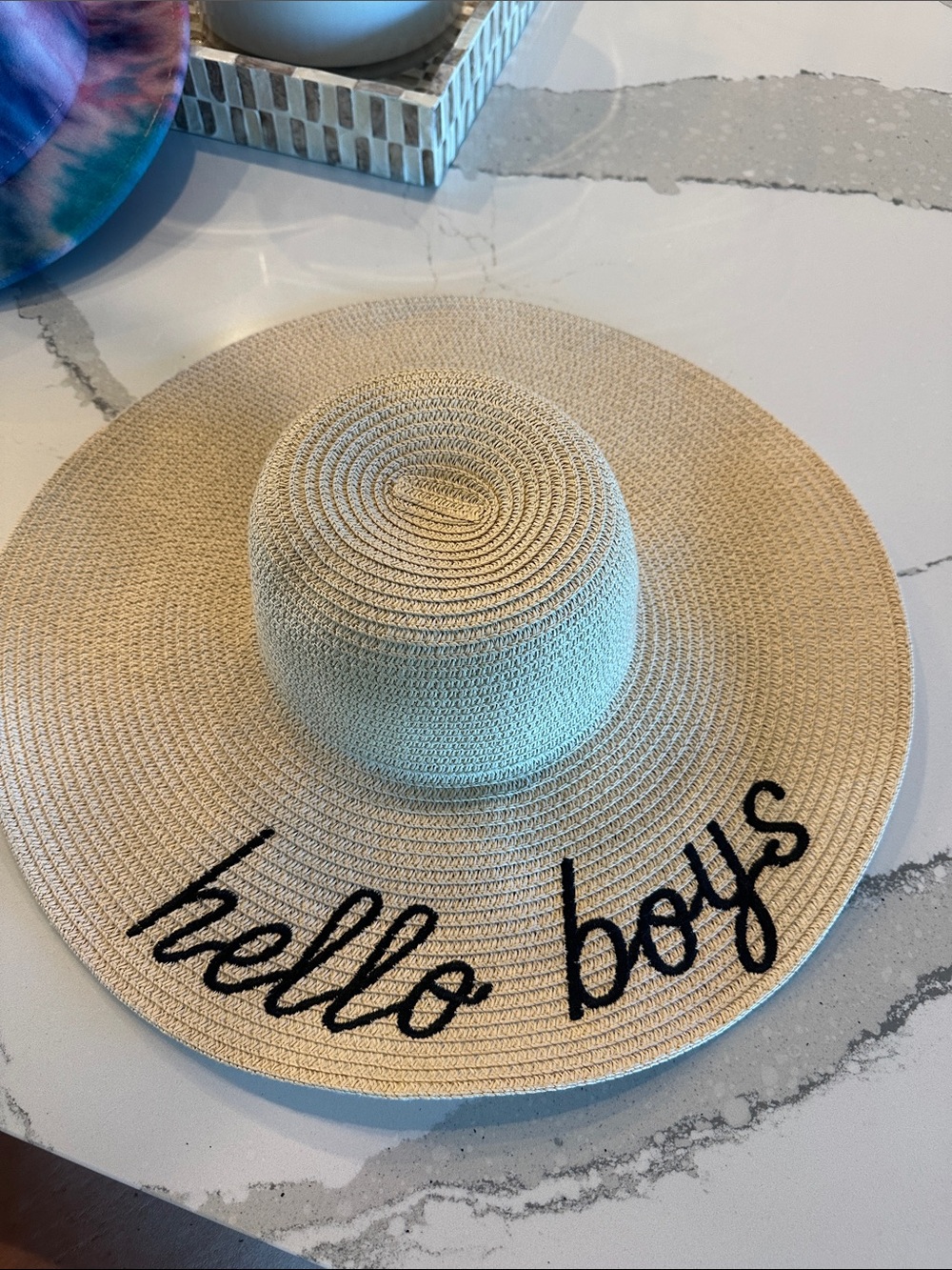 Hello Boys Embroidered Straw Sun Hat - Beige